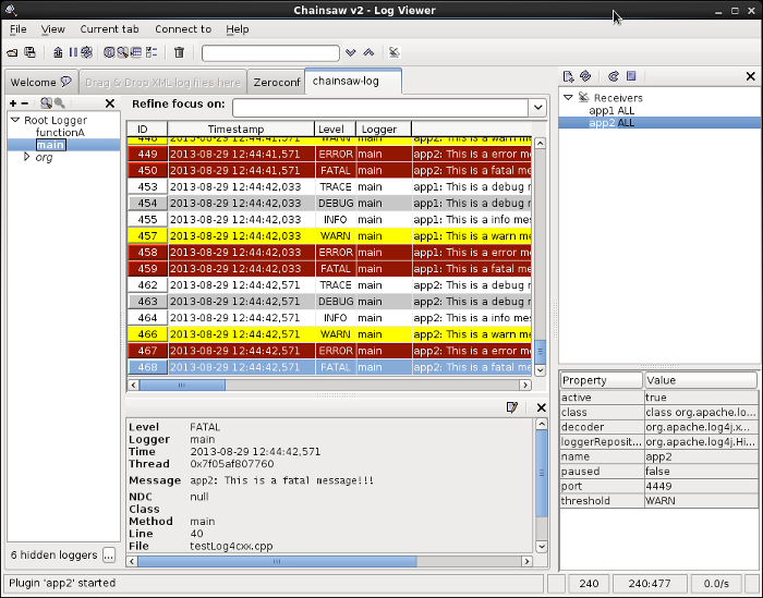 Apache Chainsaw configured for two XML socket receivers