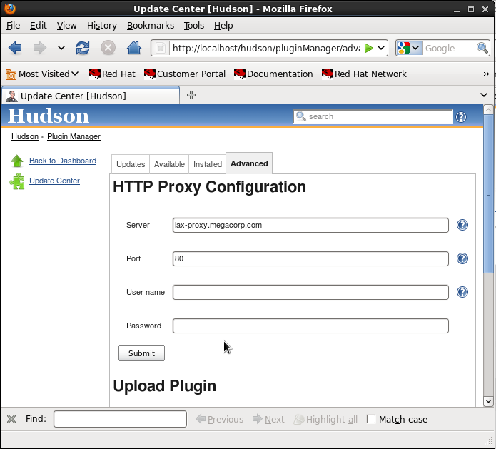 Hudson proxy server configuration
