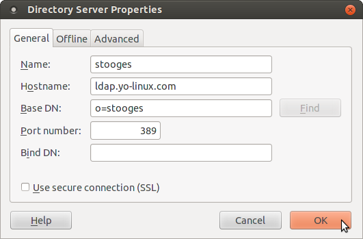 Seamonkey eMail LDAP configuration: Directory server properties, General tab