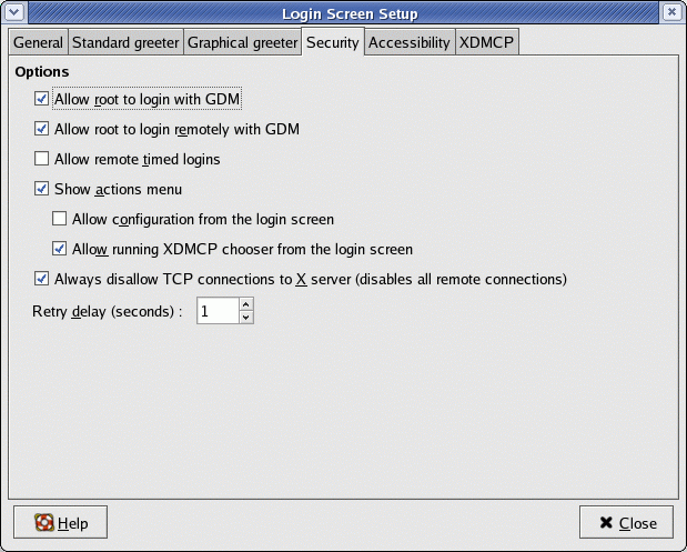 Configuration screen: gdmsetup security